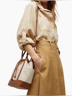 Veronica Beard Cream Canvas and Brown Leather Bucket Shoulder Bag